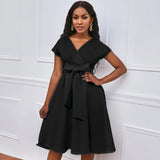 Fongt V-Neck Solid Color Waist Bow Tie With Large Swing Dress Dress Dress Dress Dress Dress