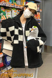High Street Zip Up Plaid Quilted Coat Women Harajuku Lamb Wool Jacket Retro Patchwork Loose Winter Outwear Preppy