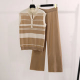 Fongt Suit Women's Korean Version Of Sleeveless Collars With Striped Knitted Shirt Tops Two Sets Of Leisure High-Rise Broad