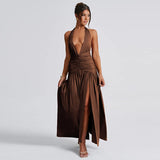 Summer New Women's Temperament Hanging Neck V Neck Dress Sexy Slit Fold Show Back Dress-Outfit