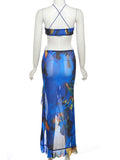 See Through Printed Mesh Dress Low Cut Backless Sexy Halter Dress High Split Elegent Ruffles Maxi Dresses for Women