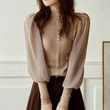Autumn Elegant Chiffon Patchwork Turtleneck Sweater Women 2023 Winter New Korean Knitted Tops Long Sleeve Pullovers