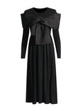 Fongt Temperament Dress Women 2025 Spring New Round Neck Mesh Stitching Design Black Long Sleeve Dress