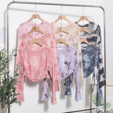 Solid Shot Tie Dyed Mesh Yarn Small Lequine Horn Long Sleeve Thin T-Shirt Drawstring With Short Repair Body Coat