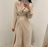 Single Breasted Midi Lace Up Slim Solid Shirt Dress Long Sleeve Elegant Vestidos