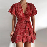 Dot Floral Print V Neck High Waist Sashes