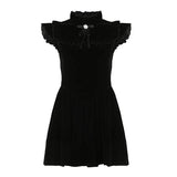 Ruffle Sleeve High Neck Velvet Black Mini Dress-Outfit