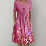 Floral Print Round Neck Pocket Mid-length