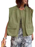 Fongt New Sleeveless Pocket Loose Vest Zipper Coat Woman