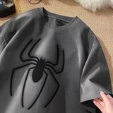 Street Big Black Spider Printing Solid T Shirts Dark Gray Cotton Mens Oversized Tops Summer Short Sleeve Graphic Tee Casual-Outfit