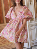 Fongt Spring Fashion New Elegant V-Neck High-Waist Print Bubble Sleeve Short Princess Dress