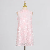 Fongt Sweet Style Dress Women 2025 Spring And Summer New Fresh Pearl Flowers Splicing Design Short
