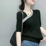 Letter Patchwork Knitted T-shirt Fashion V-Neck Female Clothing All-match Straight Summer Korean Asymmetrical Pullovers-Outfit
