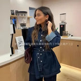 Fongt For Women's INS Burst Belt Collar Denim Jacket + Trousers Set