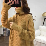 Lazy Wind Foreign Style High Collar Sweater Female Autumn Winter Versatile Show Thin Casual Soft Waxy Sweater Jacket-Outfit