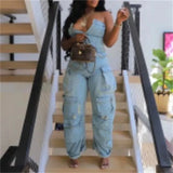 Strapless Cargo Jumpsuit Women Sleeveless Multiple Pockets Single-breasted One Piece Jumpsuits Womens Romper Overalls-Outfit