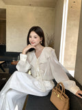 Fongt Xixi 2025 Autumn White Label Thin Temperament Hundred Lotus Leaf V Collar Chiffon Shirt Long-Sleeved Shirt Lady 89573