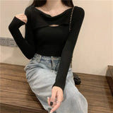 Collarbone Leisure Hollow Long-Sleeved Knitted Shirt Women Autumn New Slimming Elastic Inside The Bottom Of The Blouse