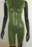 Sale Fishnet Bling Crystal Diamonds Dress Grid Sleeveless O Neck Sexy See Through Women Skinny Mini Dresses Night