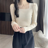 Fongt Collar Bottom Shirt Women's 2023 Autumn Winter New Knitting Low Coltleneck Sweater Short Black Bubble Sleeve Jacket