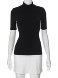 Mock Neck Short Sleeve Contrast Black N White Mini Dress-Outfit