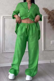 Fongt New Women's Solid Color Single-Button Long-Sleeved Shirt Two Sets Of Wide Leg Trousers With