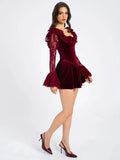 Red Velvet Long Sleeve Flare Mini Dress-Outfit