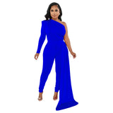 Fashion Women's Solid Color Diagonal Shoulder Cape One Shoulder Long Sleeve Trousers Jumpsuit-Outfit