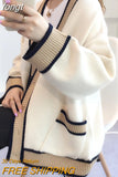 Women Knitted Korean Fashion Patchwork Sweater Long Sleeve V-neck Casual Office Lady Baggy Elegant College Tender
