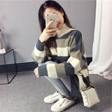 Style Versatile Striped Jacket Sweater Female 2023 Autumn And Winter New Style Lazy Wind Loose Half High Collar Hair-Outfit