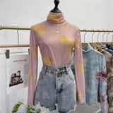 Autumn Single-Layer Mesh Base T Shirt Girls Printed Full Sleeve Turtleneck Tees Slim Women See Through Tshirts-Outfit