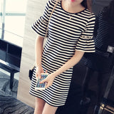 Fongt Summer Women's Wear Long Women's Stripe Loose Short-Sleeved T-Shirt Korean Version Horizontal Stripe Women's
