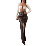 Fongt Women's Wear 2024 Leather Design Sense Open Fork Solid Color High Waist Simple Leather Slim Body Skirt-Outfit