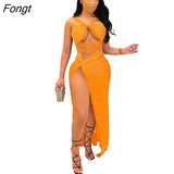 Women Sexy Hollow Out Diamonds Maxi Dress Spaghetti Straps Backless High Split Long Party Robe Night Club Wear