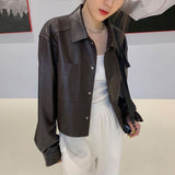 PU Leather Jacket Women Button Up Lapel Collar High Waisted Motorcycle Jackets Spring Fall Outfits