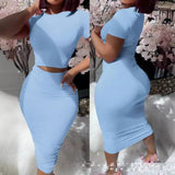 Fongt Round Neck Short Sleeve Show Waist Sexy T-Shirt Wrapped Buttock Skirt