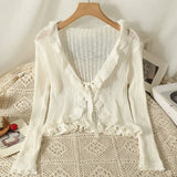 Ruffles Cardigan Slim Women Casual Transparent Sweater Shirts Lady Thin Solid Coats Female Crop Top-Outfit