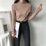 Fongt Winter Half-High Sweater Women Long Sleeve Pure Color Spring And Autumn Pit Stripe Loose Knitted Bottom