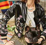 2020 new embroidered thread printed zipper long sleeve Pu fabric short black coat
