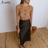 Sexy Mesh See-through Printed Bodysuit Tight-fitting One-piece top Woman O-Neck Skinny Pull-over Casual Street