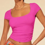 New Hot Women Decorate Body Solid Color Summer Square Neck Casual T-Shirt
