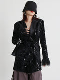 Fongt 2024 New V-Neck Long Sleeve Sequin Ostrich Splicing Suit Jacket-Outfit
