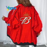 Red Bomber Jacket Women Long Sleeve racing Jackets Vintage Printed zipper Women's Jacket Spring 2022 Polyester women