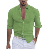 Fongt New Men's Summer Cotton-Blind Beach Shirt Long Sleeves Solid Hawaiian Holiday
