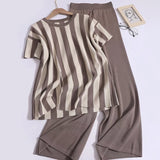 Fongt Temperament Famous Knitted Fashion Suit Round Collar Vertical Fork Short Sleeve Top + High-Waisted Solid Trousers