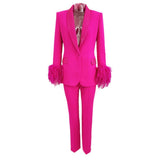 Fongt New Luxury Ostrich Feathers Hot Green Fruit Collar Blazer Trousers Suit Suit Suit