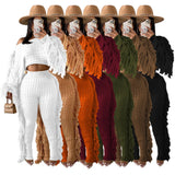 Fongt New Women's Wear Casual Solid Color Knit Long Sleeve Tassel Suit-Outfit