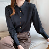 Fongt Small Pointed Collar Satin Gloss Commuter Professional White Shirt Female Design Sense Niche 2023 Autumn Wear-Outfit