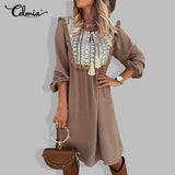 Vintage Printed Women's Dress 2021 Spring Long Sleeve Ruffles Sundress Casual Patchwork Lace-up Bohemian Party