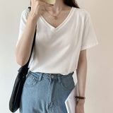 Summer New Threaded Pure Color Short-Sleeved Knitted V-Collar T-Shirt Design Feeling Bottomed